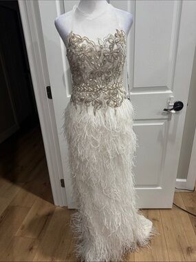 Sherri Hill Ivory White Feathered Beaded Evening Gown